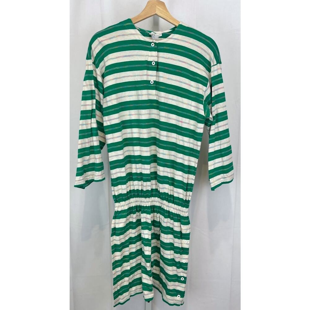 MARIMEKKO Finland Vintage Striped Cotton Knit Dress 3/4 Sleeve Green White M